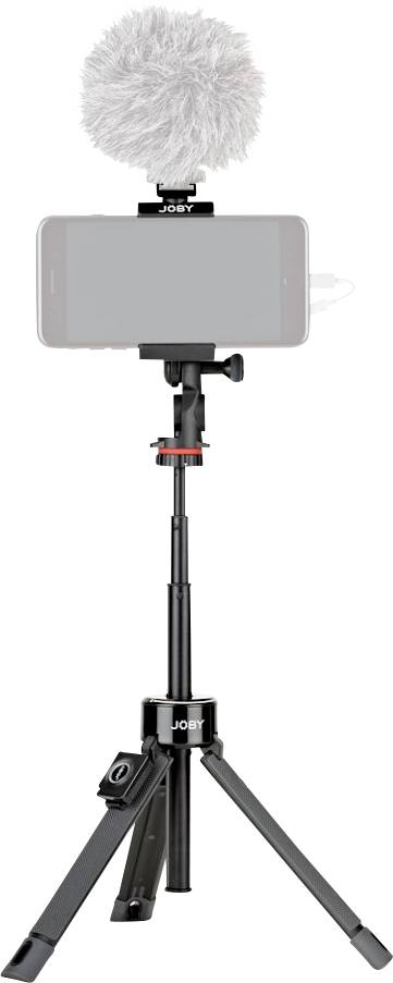 Treppiede con supporto per smartphone e microfono, adatto per riprese video o vlogging.