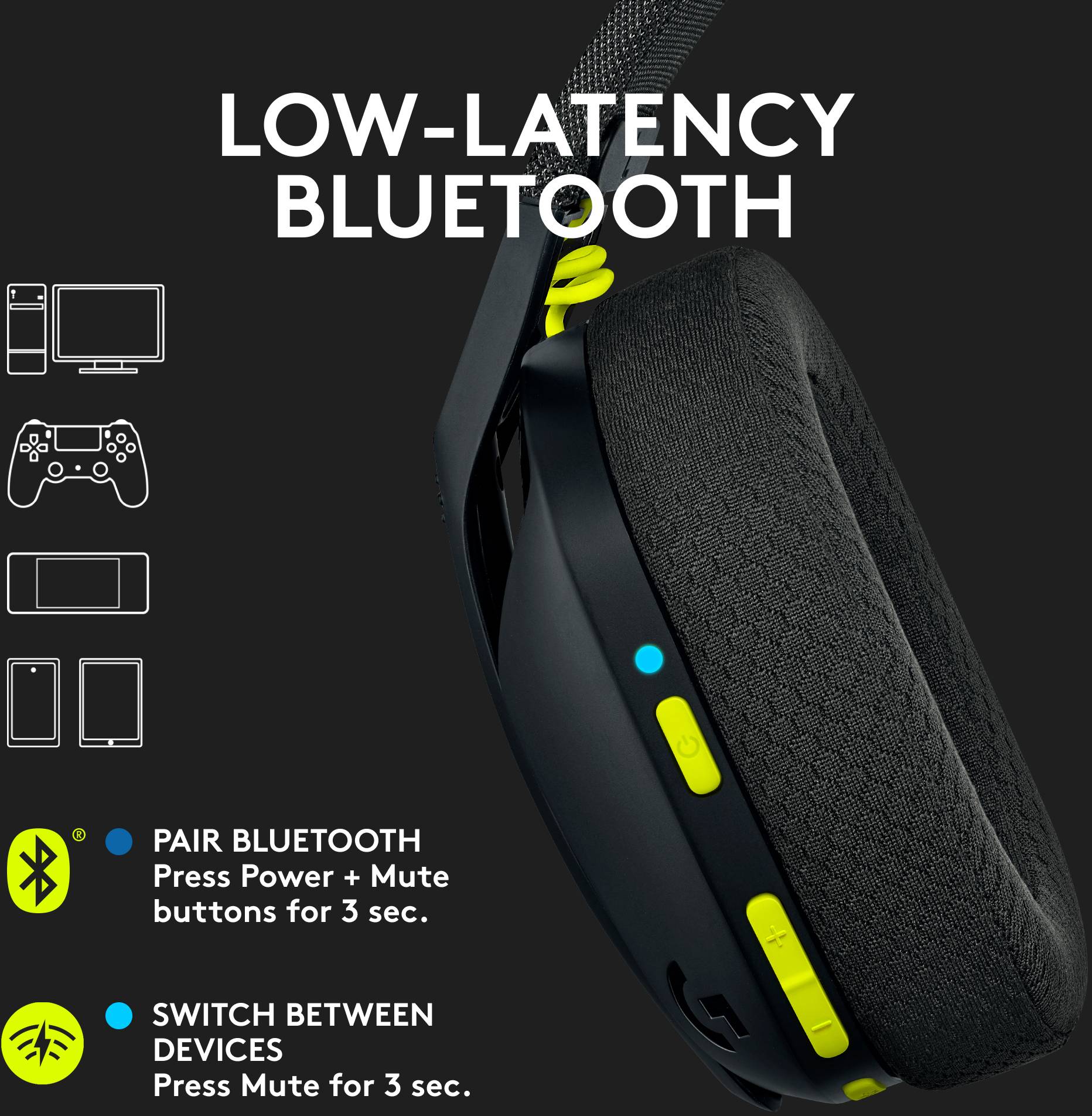 Grande cuffie nere con dettagli gialli. Testo sull'immagine: 'Ritardo minimo grazie al Bluetooth'. Istruzioni per l'accoppiamento descritte.