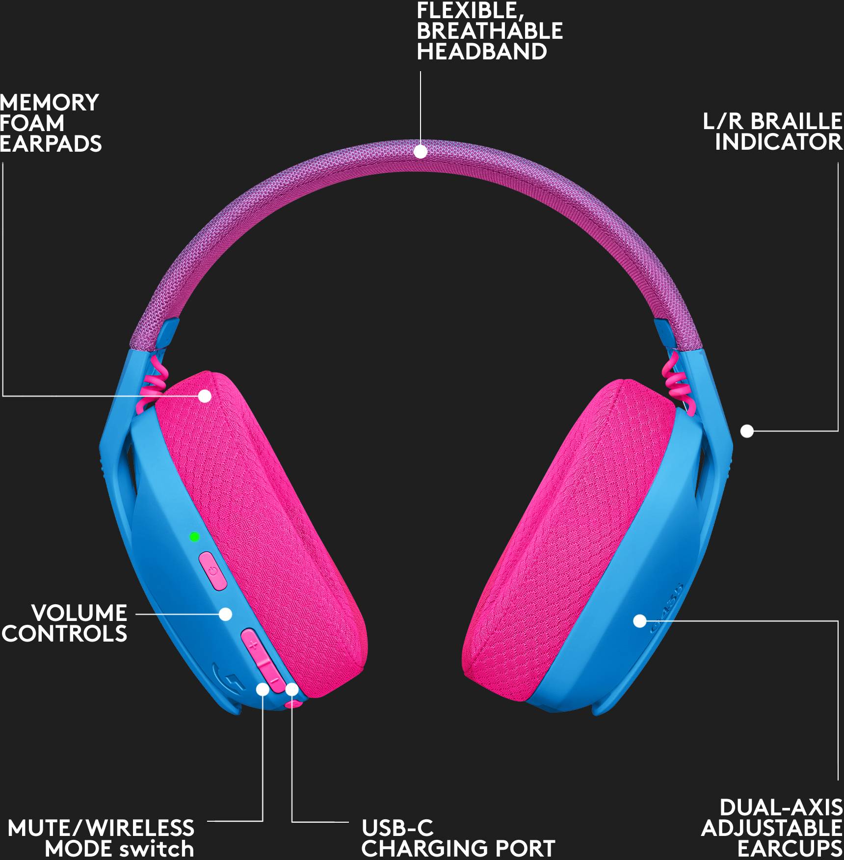 Cuffie blu e rosa con cuscinetti auricolari in memory foam, connettore USB-C, controllo del volume, funzione mute, archetto regolabile.