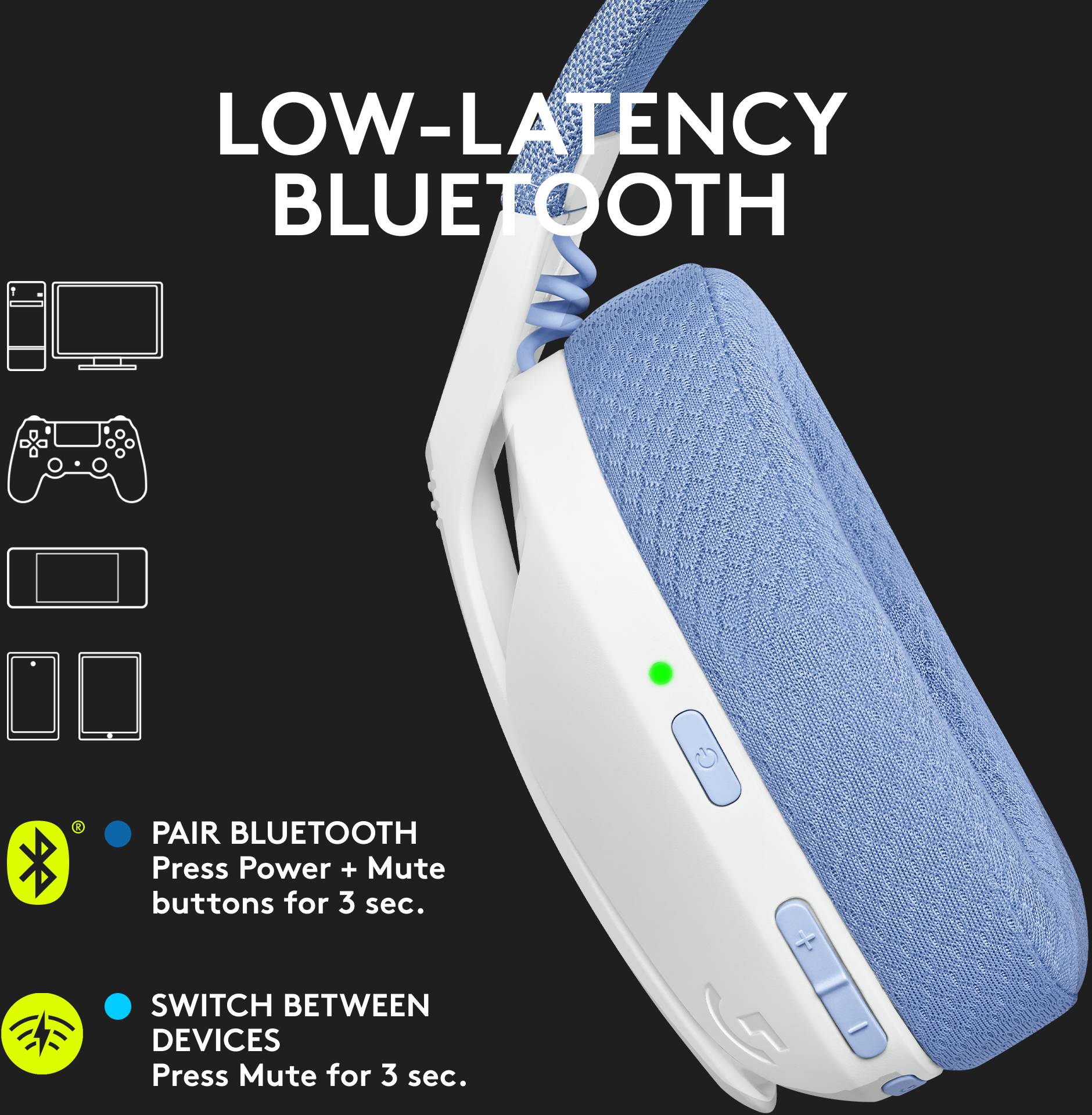 Cuffie con testo: 'Ritardo minimo grazie al Bluetooth'. L'interfaccia mostra opzioni di abbinamento con simboli per diversi dispositivi.