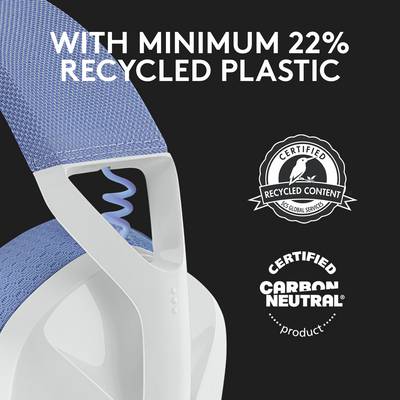 Una sedia da ufficio in tessuto blu con telaio bianco. Certificata per 'Almeno il 22% di plastica riciclata' e 'Carbon Neutral'.