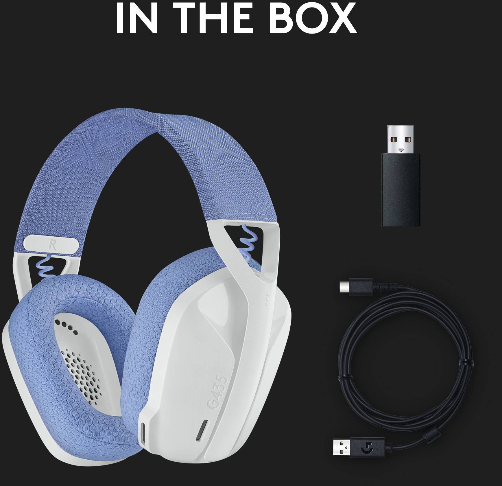 'CONTENUTO': Cuffie over-ear blu e bianche, adattatore USB nero e un cavo USB su sfondo nero.