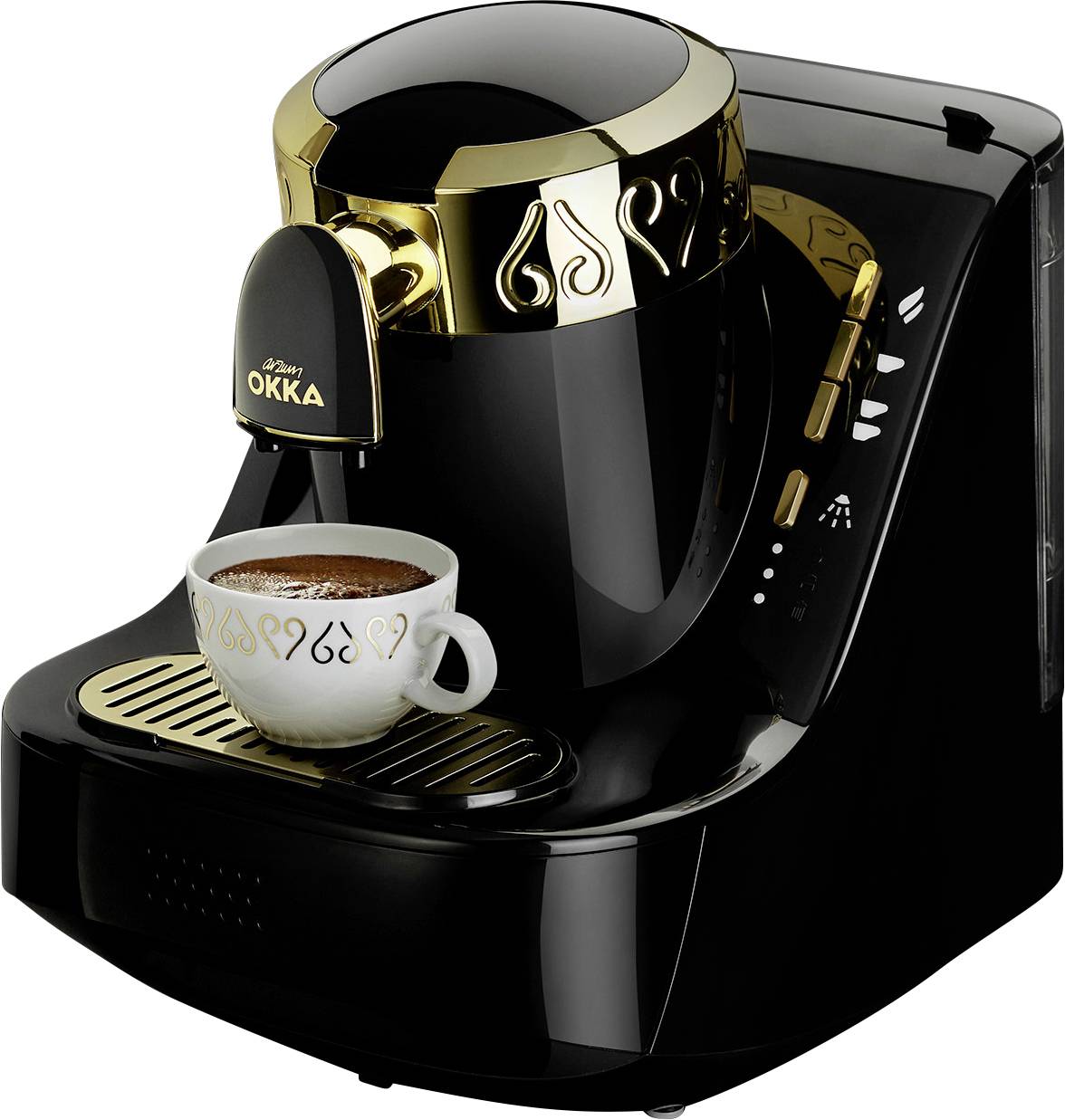 Macchina da caffè nera con decorazioni dorate, che sta preparando una tazza di caffè posizionata sulla griglia di sgocciolamento sottostante.