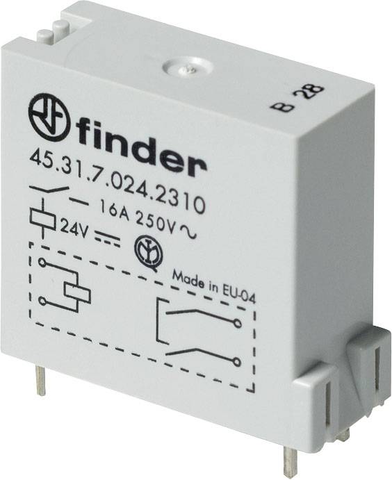Un modulo relè elettronico Finder, numero modello 45.31.7.024.2310, con potenza nominale di 16A e 250V, nonché simboli di commutazione.