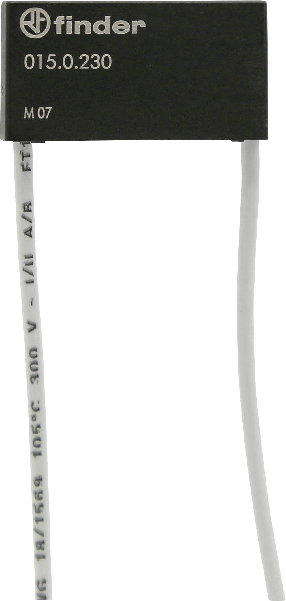 Interruttore elettronico con involucro nero; iscrizione: 'Finder 015.0.230 M07'. Due cavi bianchi sporgono all'esterno.