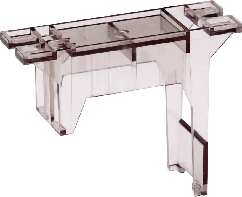 Supporto rettangolare in plastica trasparente con due gambe di supporto. Utilizzato per la stabilizzazione o come struttura di sostegno in applicazioni meccaniche.