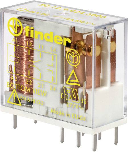 Un relè trasparente con bobine in rame e sistema di commutazione color oro. I contrassegni riportano specifiche elettriche e certificazioni.
