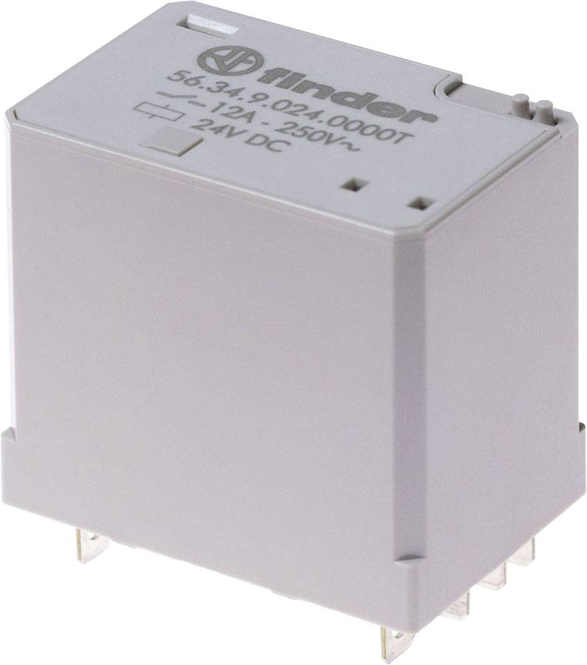 Un relè elettronico grigio con la scritta 'Finder 56.34.9.024.0000T – 5-12A, 250V, 24V DC'.