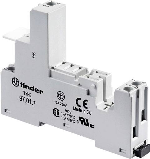Relè-Block 'finder TIPO 97.01.7', 16A 250V, certificato CE, con scritta 'Made in EU', morsetti e simboli tecnici visibili.