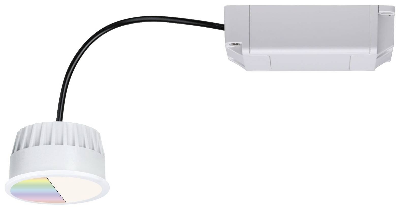 Proiettore LED bianco con supporto flessibile e cavo, collegato a un involucro rettangolare grigio. Adatto per il montaggio a soffitto.