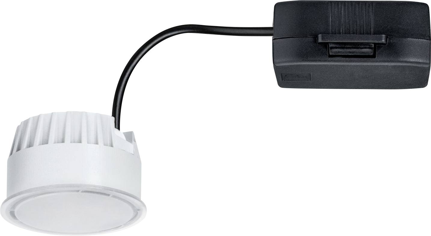 Uno spot LED bianco con trasformatore nero collegato, idoneo per l'installazione in controsoffitti.