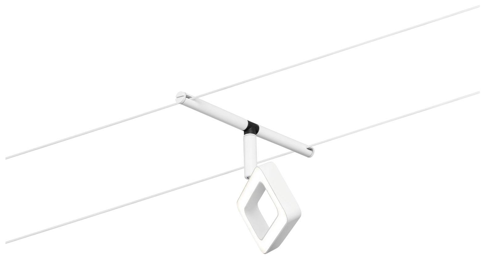 Una moderna lampada a sospensione bianca con un design quadrato, sospesa da sottili fili, su uno sfondo bianco.