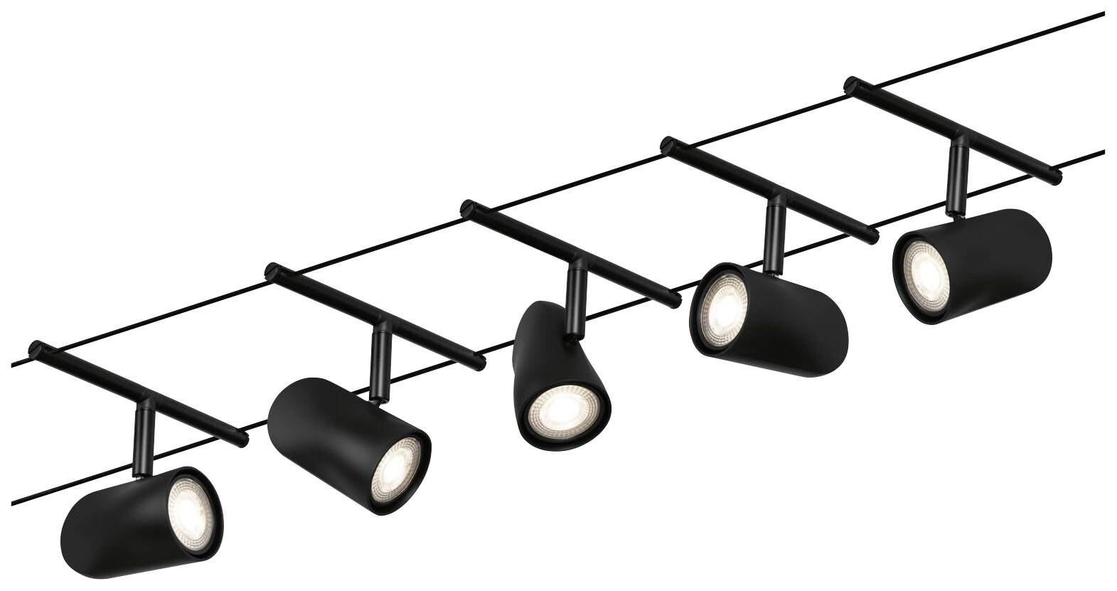 Plafoniera nera con cinque proiettori cilindrici regolabili, idonea per l'illuminazione flessibile di ambienti interni.