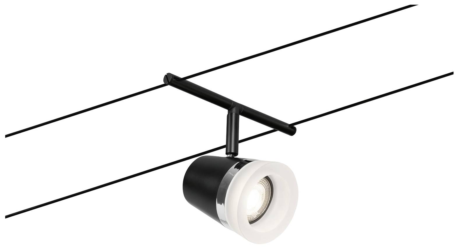 Una moderna lampada a binario nero con proiettore regolabile, montata su un sistema di binari a doppia corsia.