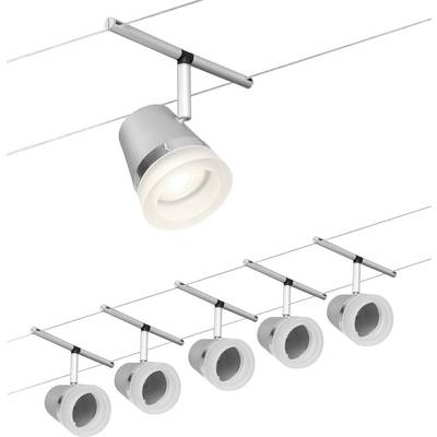 Una moderna lampada a sospensione in argento con cinque teste di lampada regolabili, adatta per l'illuminazione flessibile di un ambiente.
