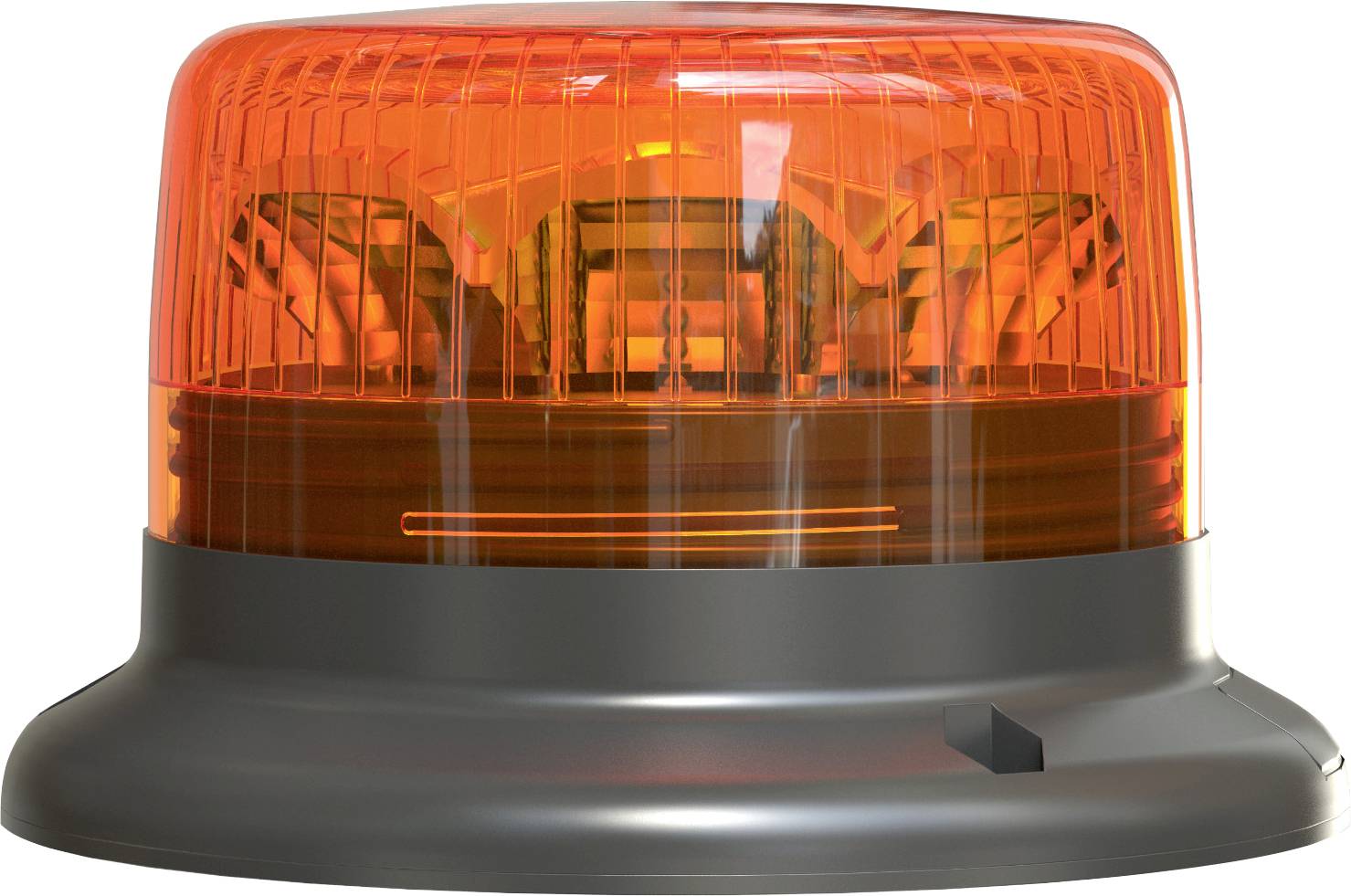 Luce di avvertimento arancione su un piedistallo grigio, illuminata intensamente al suo interno.