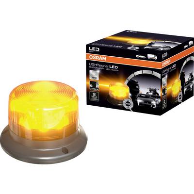 Una luce lampeggiante a LED OSRAM, riconoscibile dalla cupola gialla, accanto a un imballaggio che raffigura diversi veicoli.