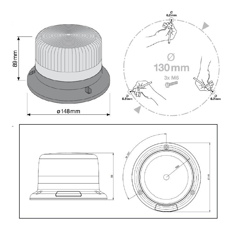 'Illustrazione di un contenitore rotondo con dimensioni: diametro 148 mm, altezza 89 mm. Viste dall'alto, laterale, dal basso. Punti di giunzione per viti mostrati.'