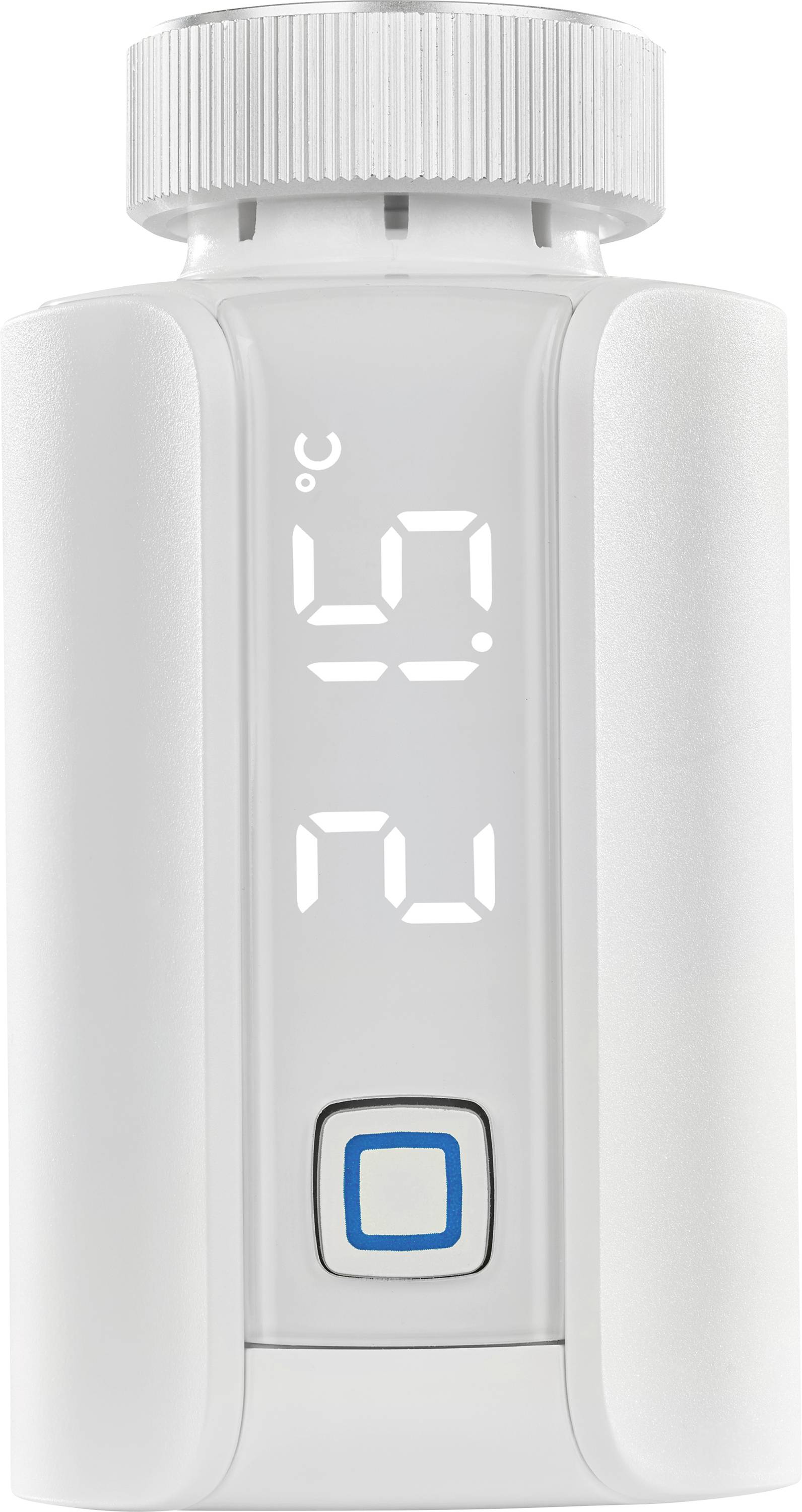 Termostato intelligente bianco che mostra 25°C su un display digitale verticale, con un singolo pulsante di controllo illuminato di blu vicino al fondo.
