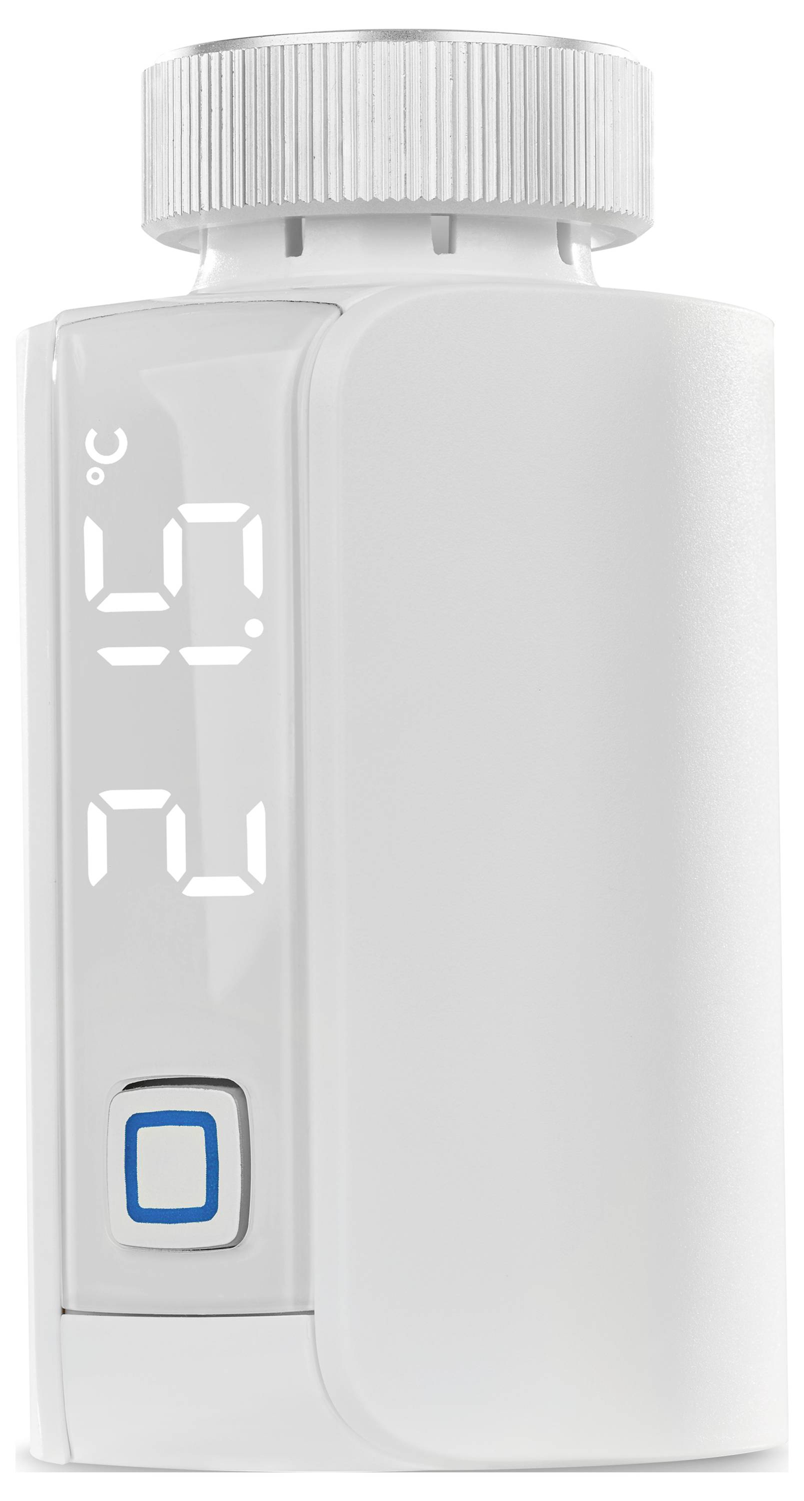 Termostato intelligente bianco o controllore di temperatura che mostra 25,5°C su un display digitale verticale, con un piccolo pulsante quadrato sottostante.