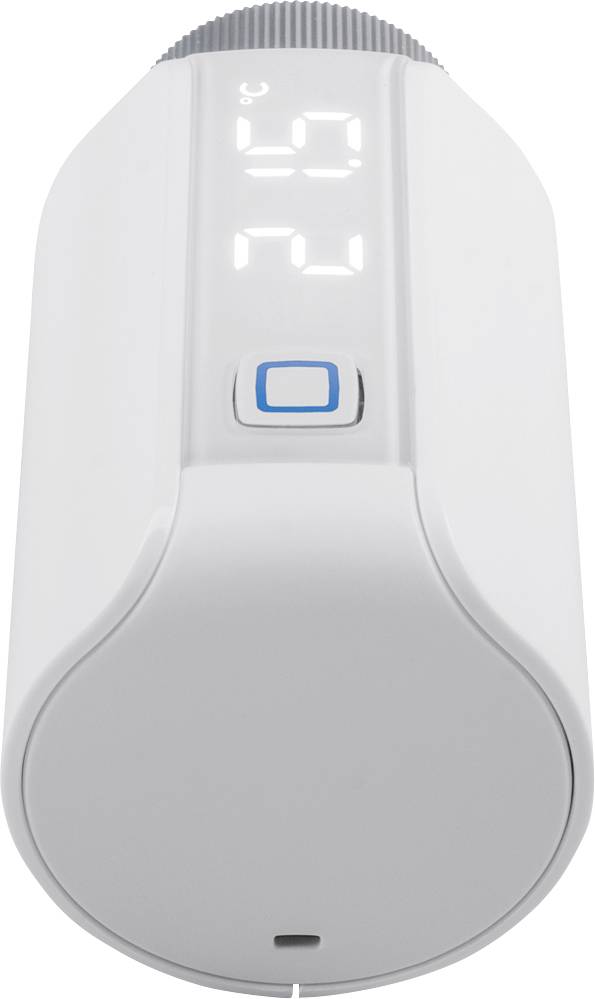 Dispositivo elettronico bianco con display digitale e un pulsante blu al centro, probabilmente un elettrodomestico.