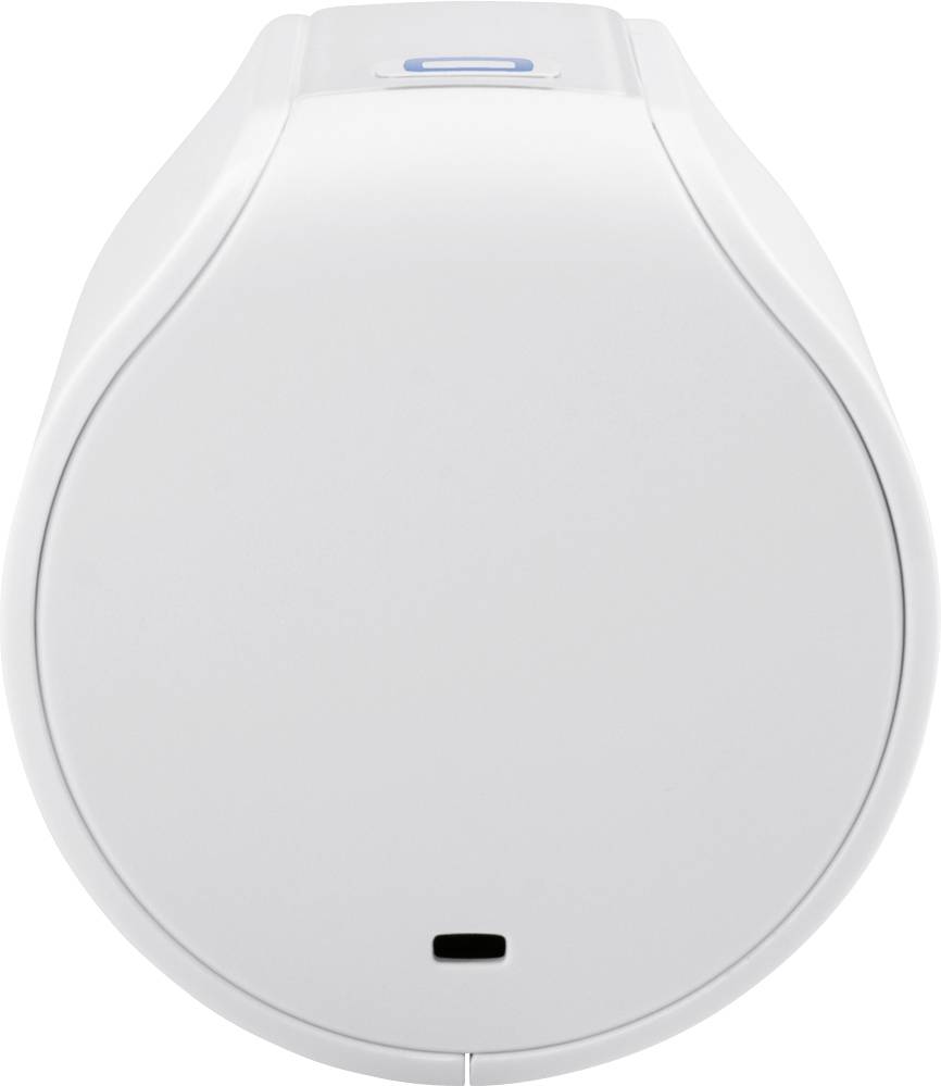 Un dispositivo bianco e rotondo con un pulsante in alto e una piccola apertura in basso, probabilmente un dispositivo tecnico.