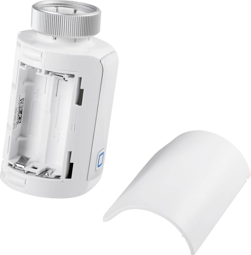 Un componente elettronico cilindrico bianco con coperchio rimovibile, apertura per le batterie e un interruttore blu.