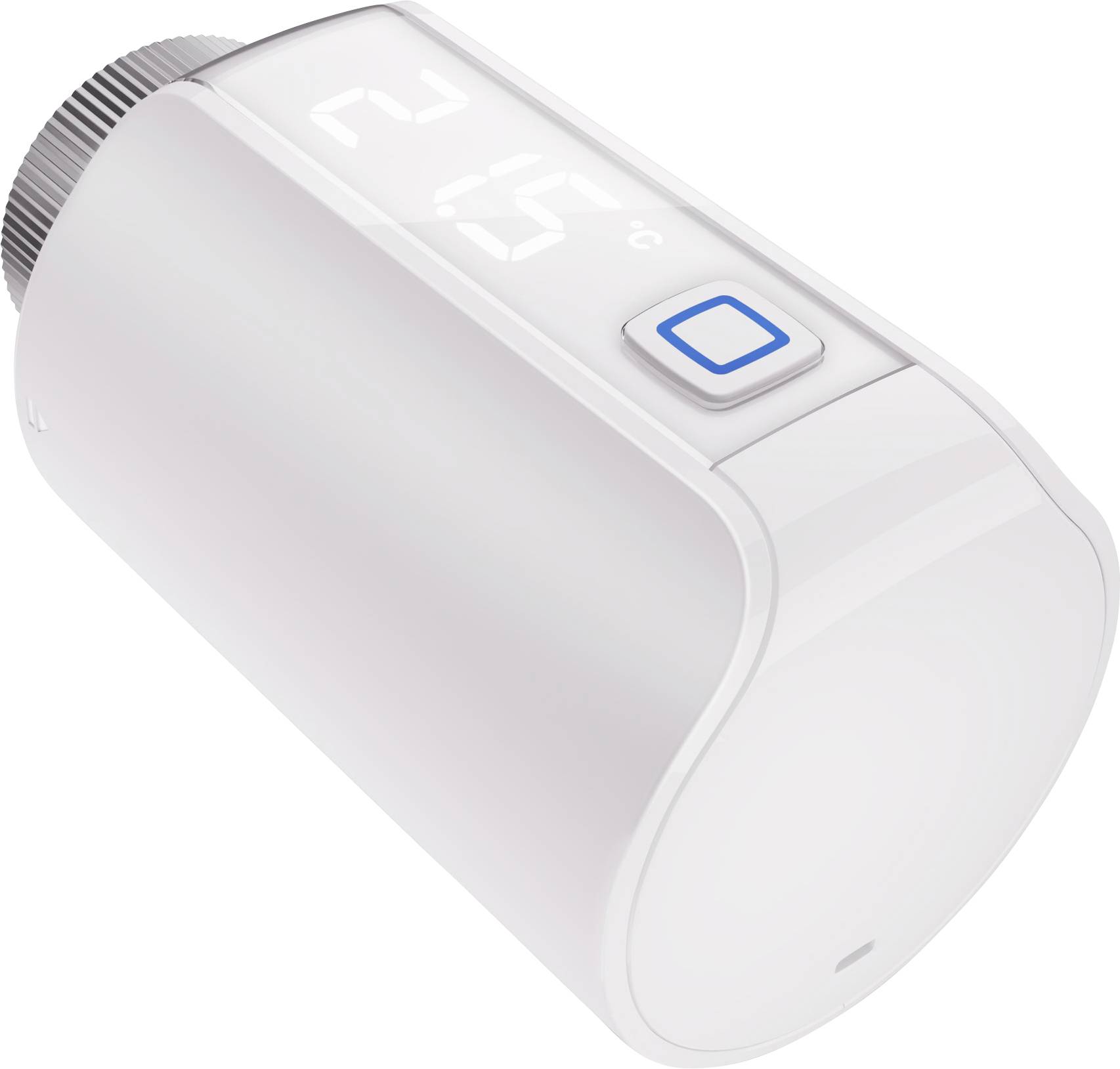 Termostato elettronico per radiatori in bianco con display digitale, che mostra la temperatura, con pulsante di controllo retroilluminato in blu.