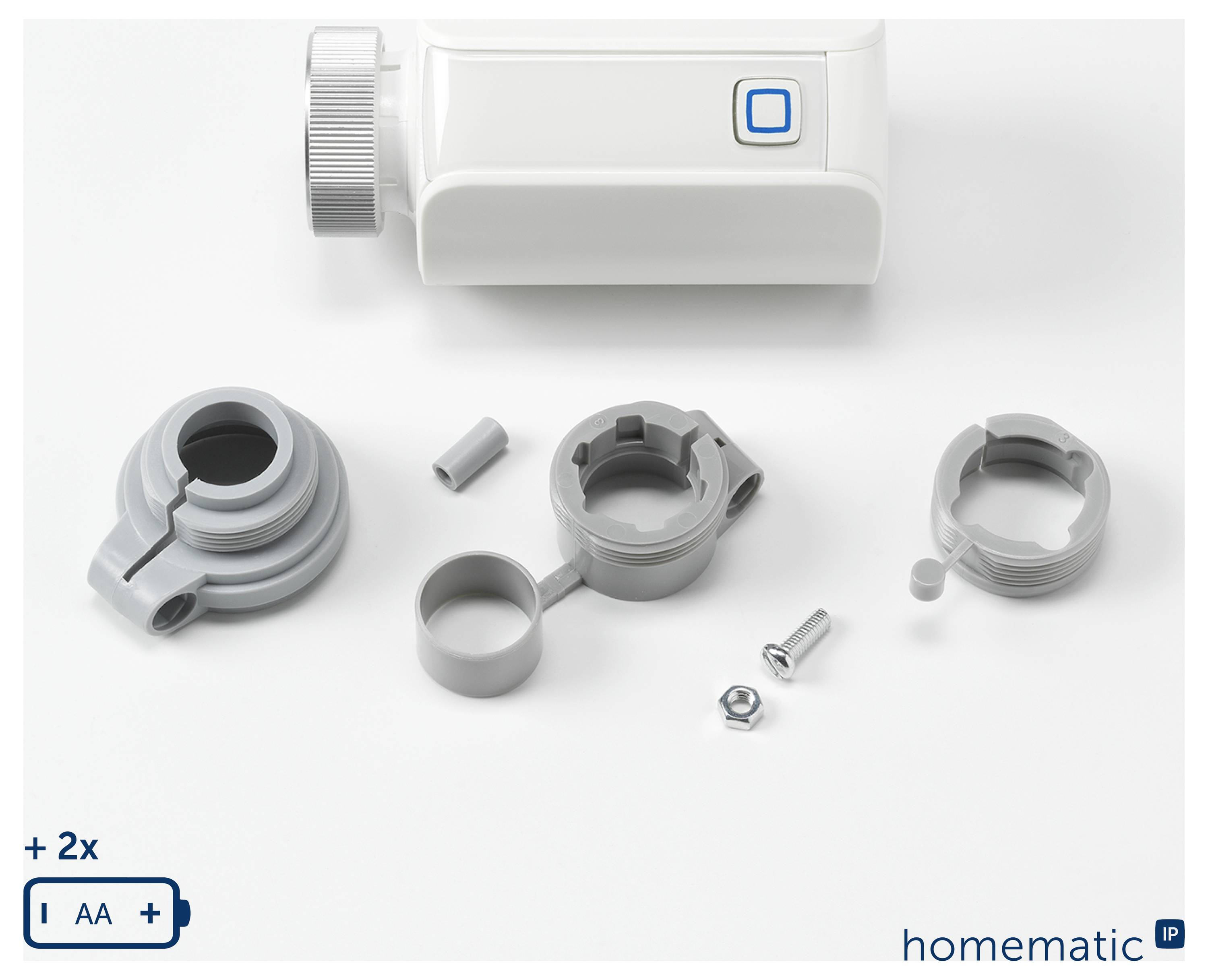 Dispositivo di automazione domestica bianco con parti di montaggio intercambiabili grigie e accessori esposti sottostante; le icone '+2x' e 'AA' appaiono nell'angolo.