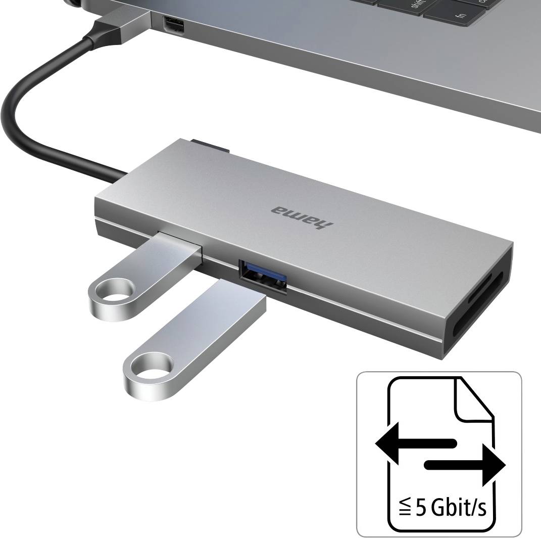 Hub USB-C collegato al laptop. Due chiavette USB inserite. Il pittogramma mostra una velocità di trasferimento dati fino a 5 Gbit/s.