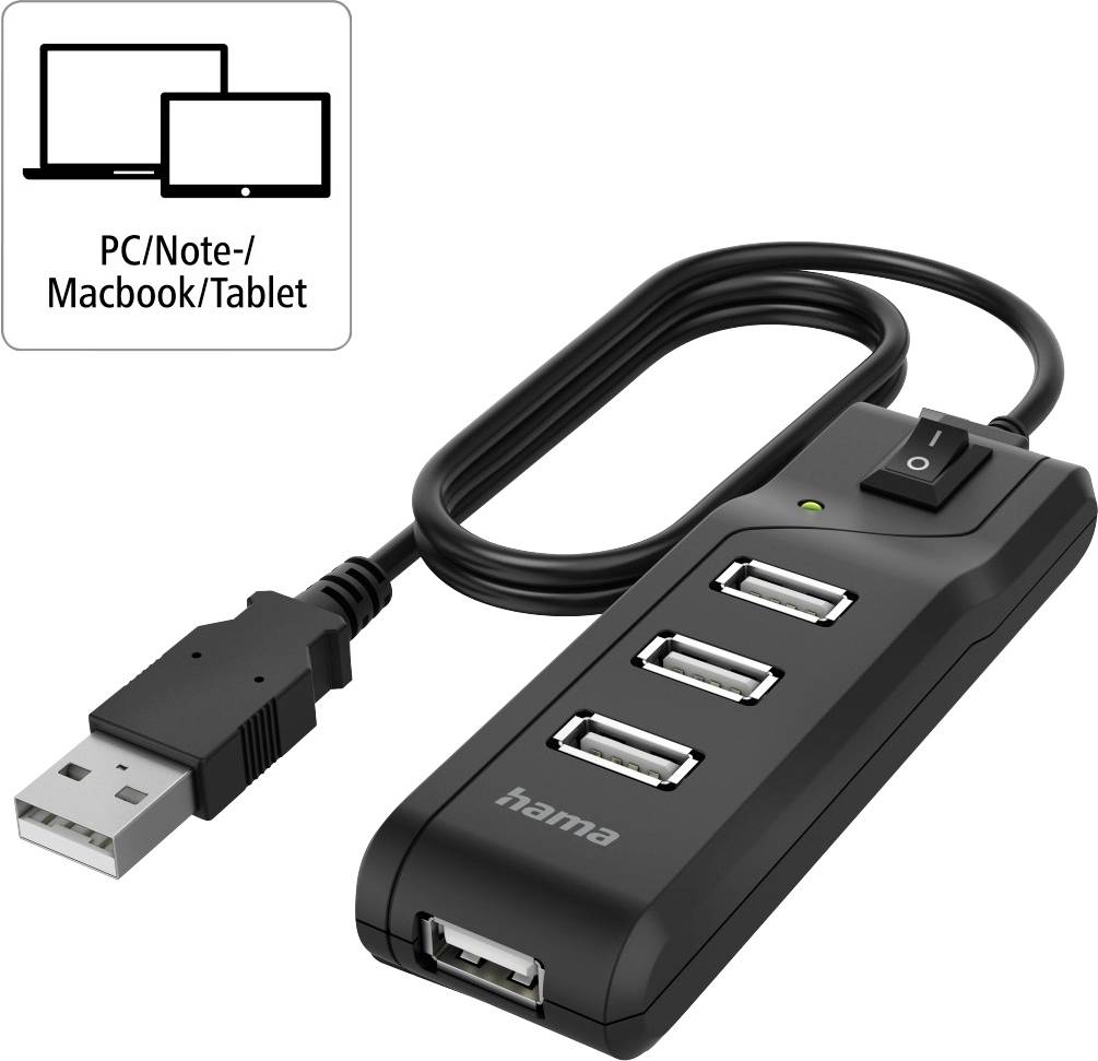 Hub USB a quattro porte con interruttore di accensione/spegnimento; adatto per PC, notebook o tablet; piccolo simbolo con dispositivi sullo sfondo.