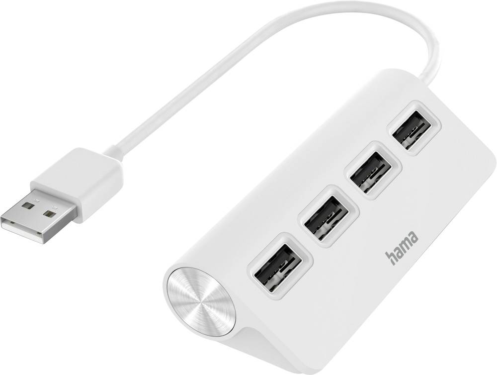 Un hub USB bianco con quattro porte e cavo corto, adatto per collegare più dispositivi a un computer.