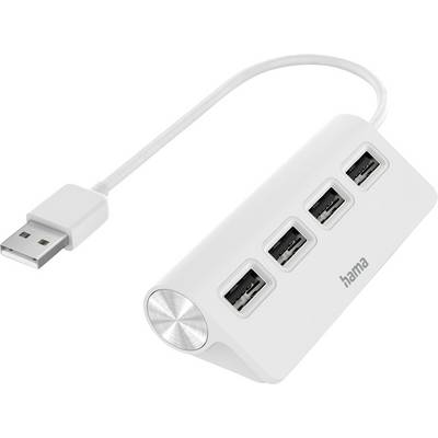 Un hub USB bianco con quattro porte e cavo corto, adatto per collegare più dispositivi a un computer.