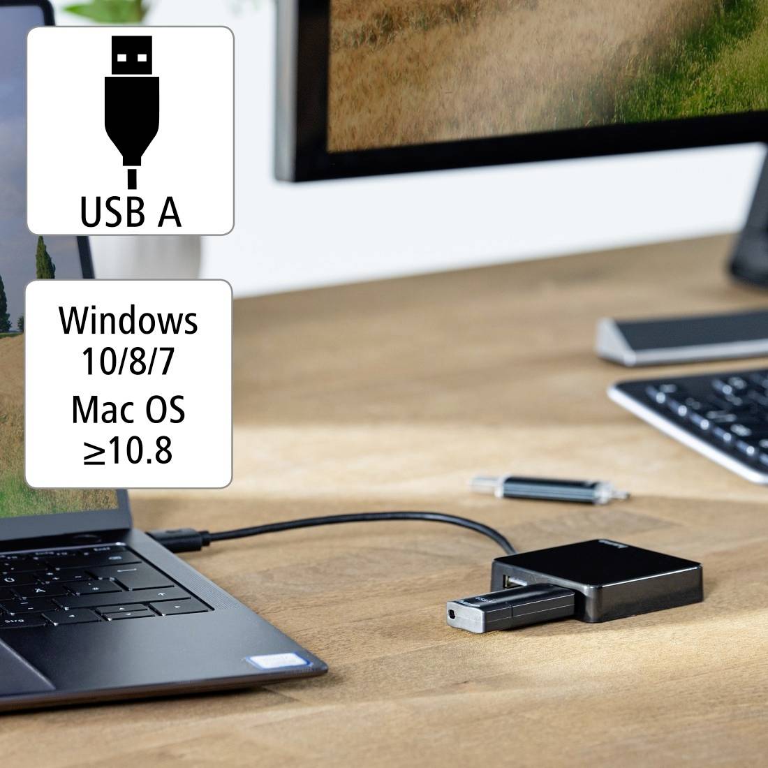 Laptop su tavolo di legno collegato a un'unità esterna tramite cavo USB-A. Testo: 'Windows 10/8/7, Mac OS 8.6 o versioni successive'.