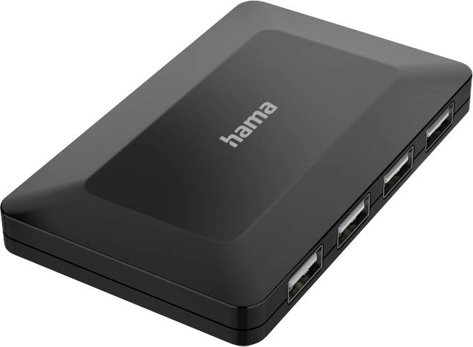 Un hub USB nero a quattro porte, con il nome del marchio 'hama' stampato sopra, è posizionato su uno sfondo chiaro.