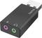 Un adattatore audio USB nero con porte per microfono (rosa) e cuffie (verde), marca 'Hama'.