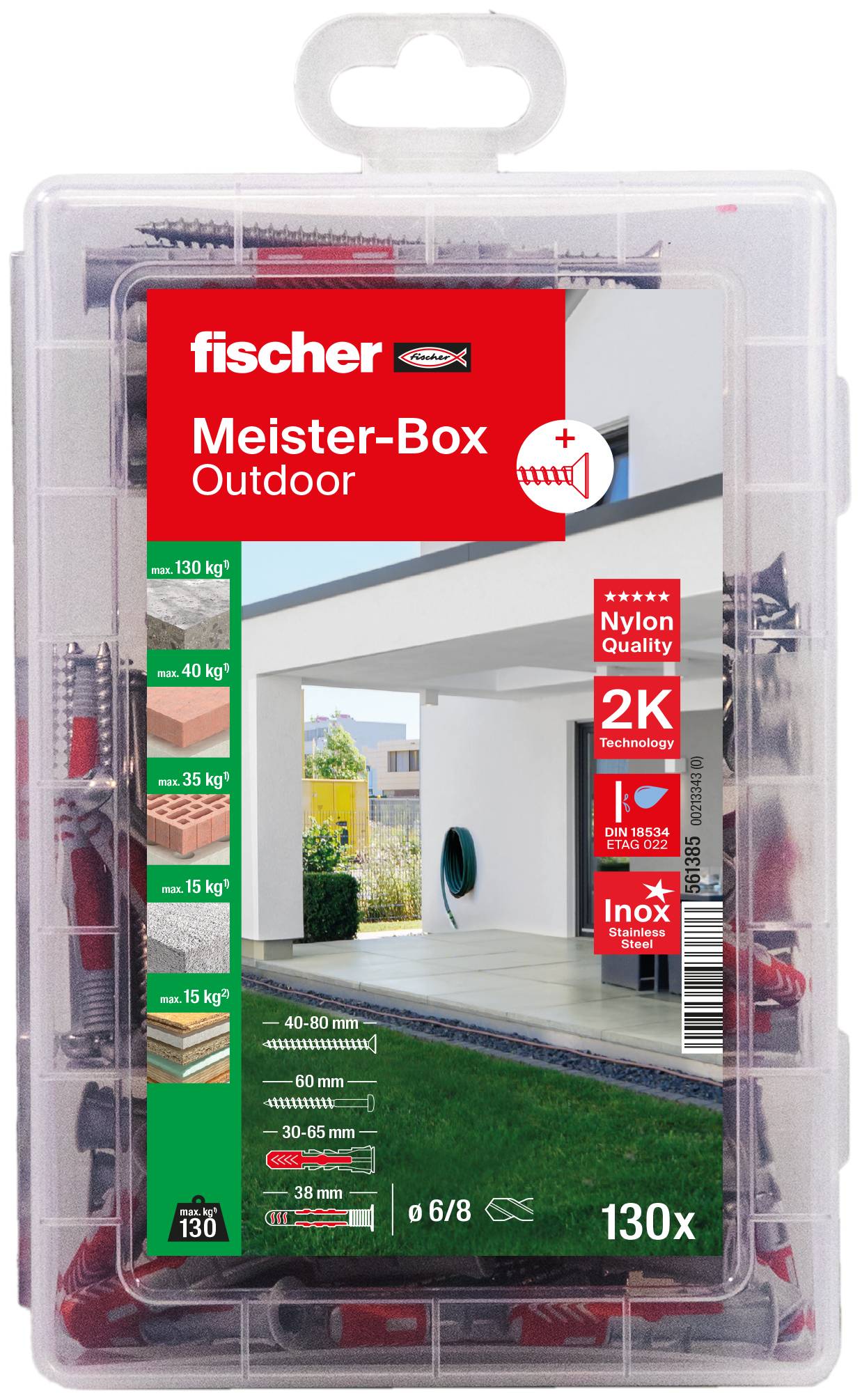 Una scatola trasparente di Fischer con viti e tasselli per uso esterno. Contiene dettagli tecnici sulla capacità portante.