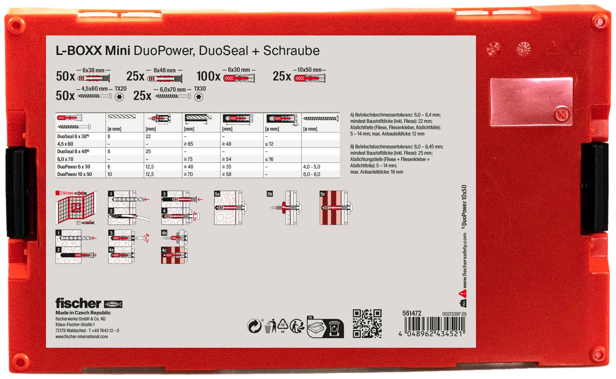 Confezione 'L-BOXX Mini DuoPower, DuoSeal + Vite'. Tabella che mostra dimensioni dei tasselli, profondità di foratura e casi d'uso. Contiene il logo fischer in basso.