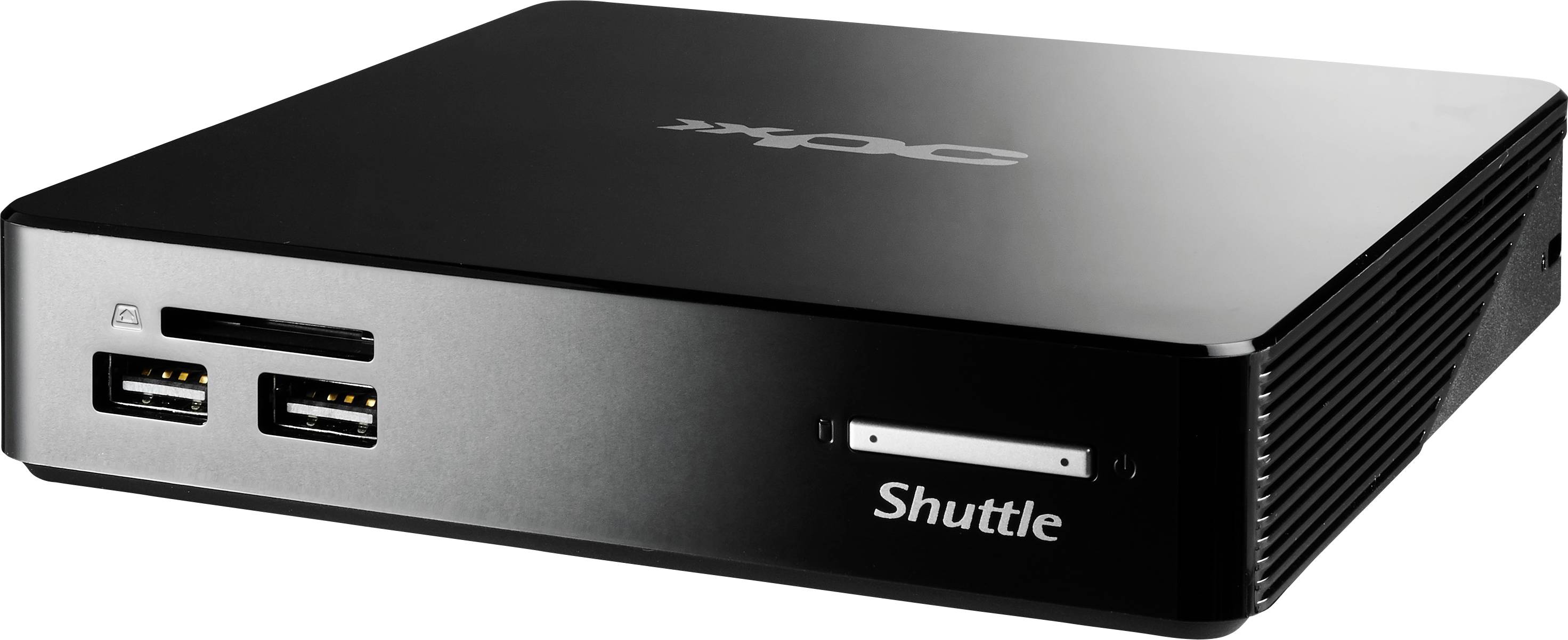 Mini PC nero Shuttle in forma rettangolare con due porte USB e uno slot per schede SD sul lato frontale.