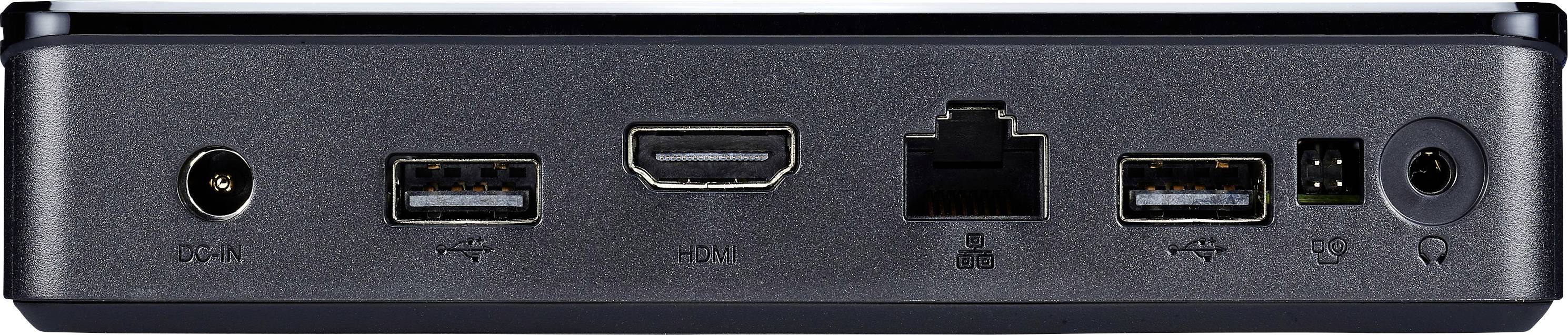 Retro di un dispositivo tecnico con più porte: alimentazione, due USB, HDMI, Ethernet e audio.