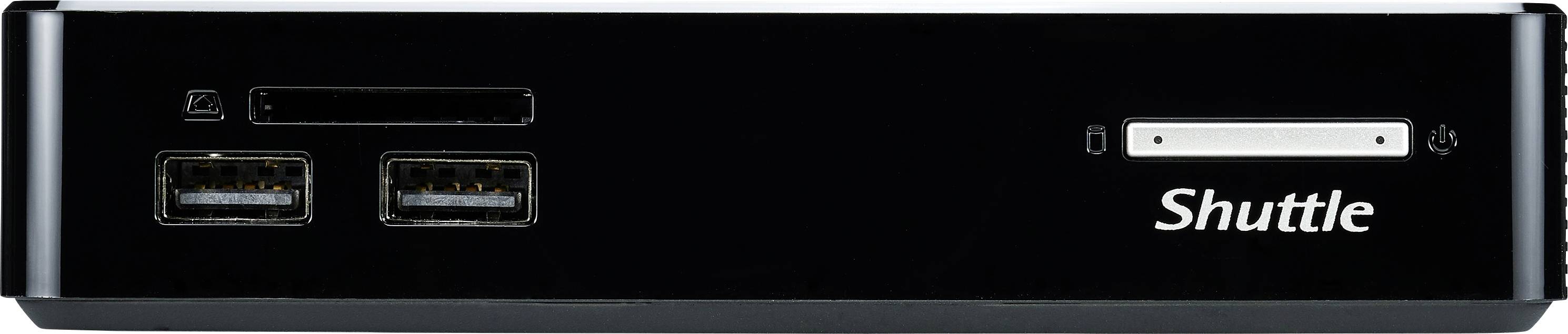 Un mini PC nero con il logo del marchio 'Shuttle'. Ha due porte USB e un lettore di schede sul lato frontale.