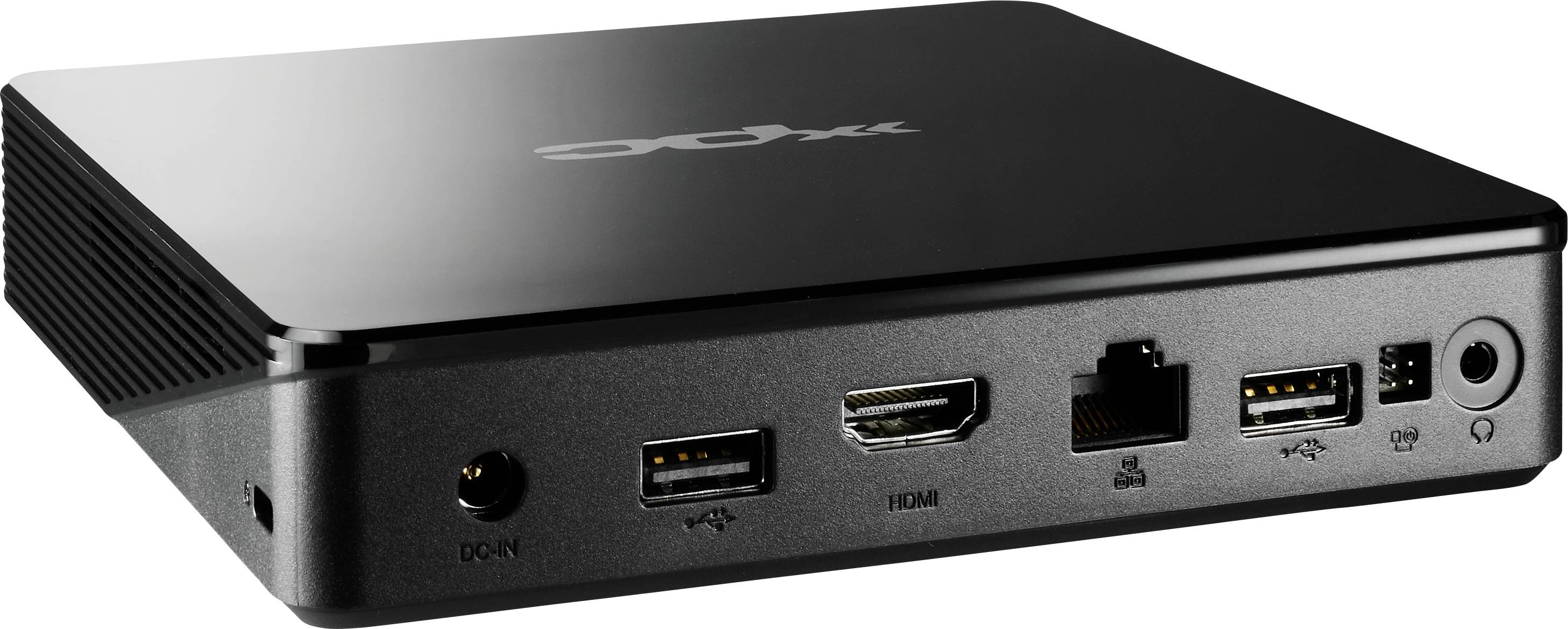 Mini PC nero con porte HDMI, USB, Ethernet e alimentazione sul retro.
