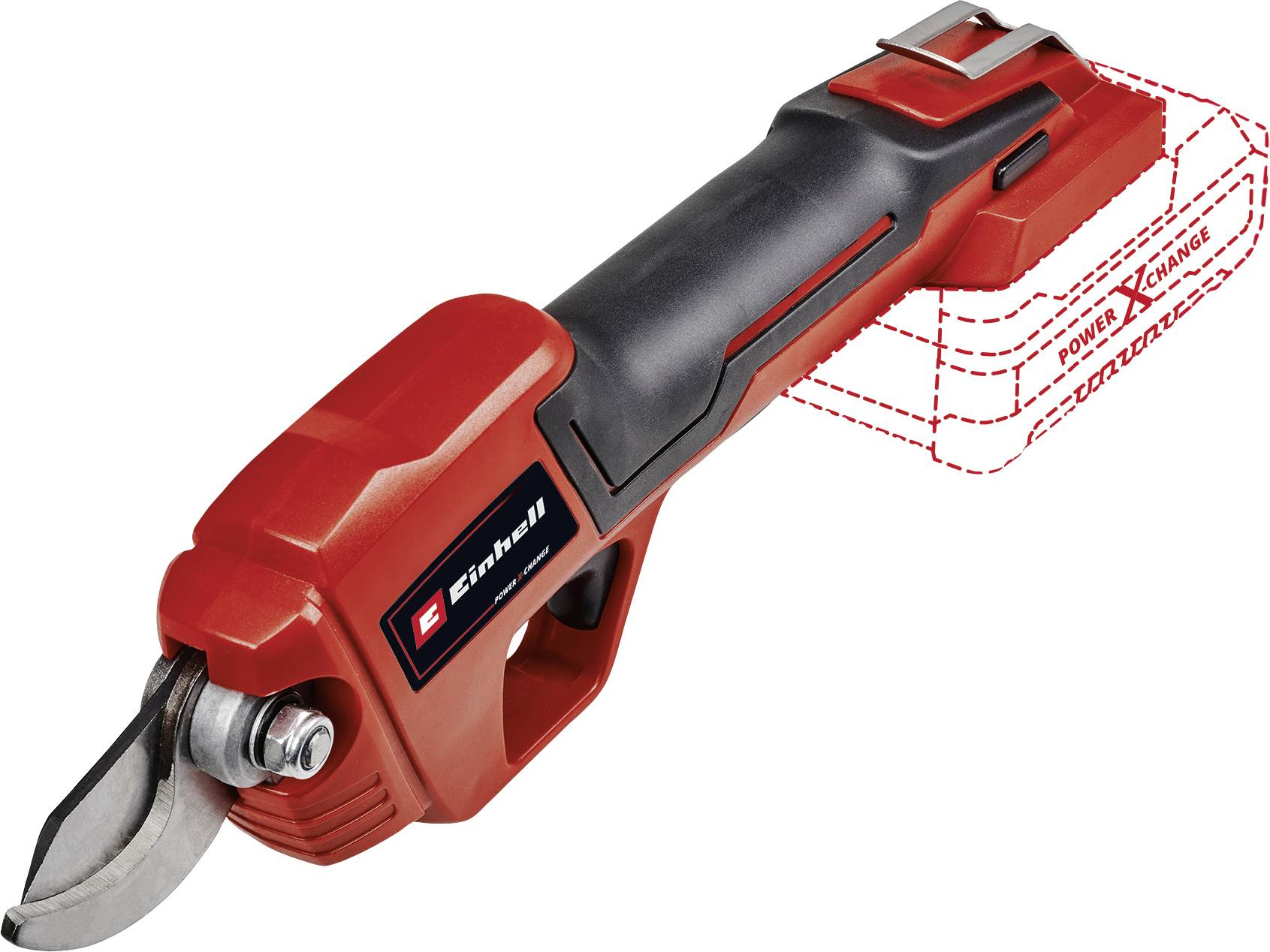 Forbici elettriche in rosso e nero con impugnatura ergonomica e lame, adatte per lavori da giardino. Dispositivo con batteria non visibile.