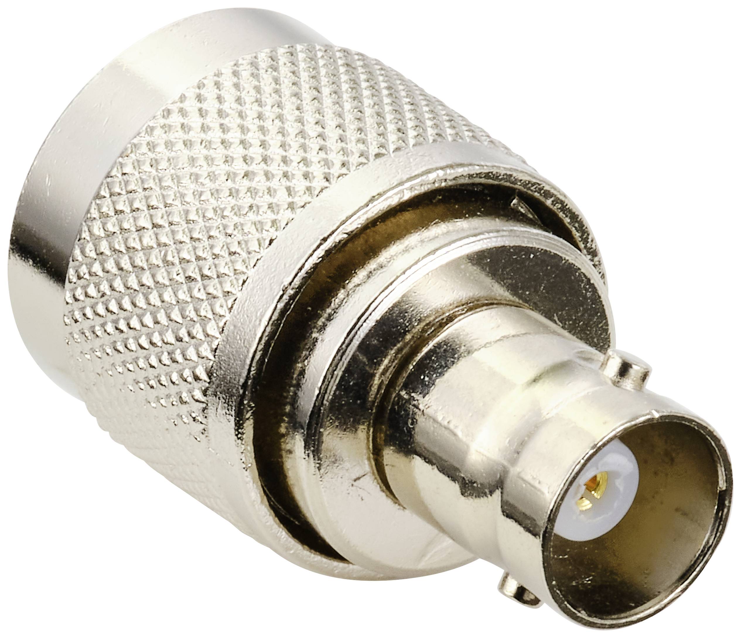 Un adattatore metallico con impugnatura zigrinata e connettore.