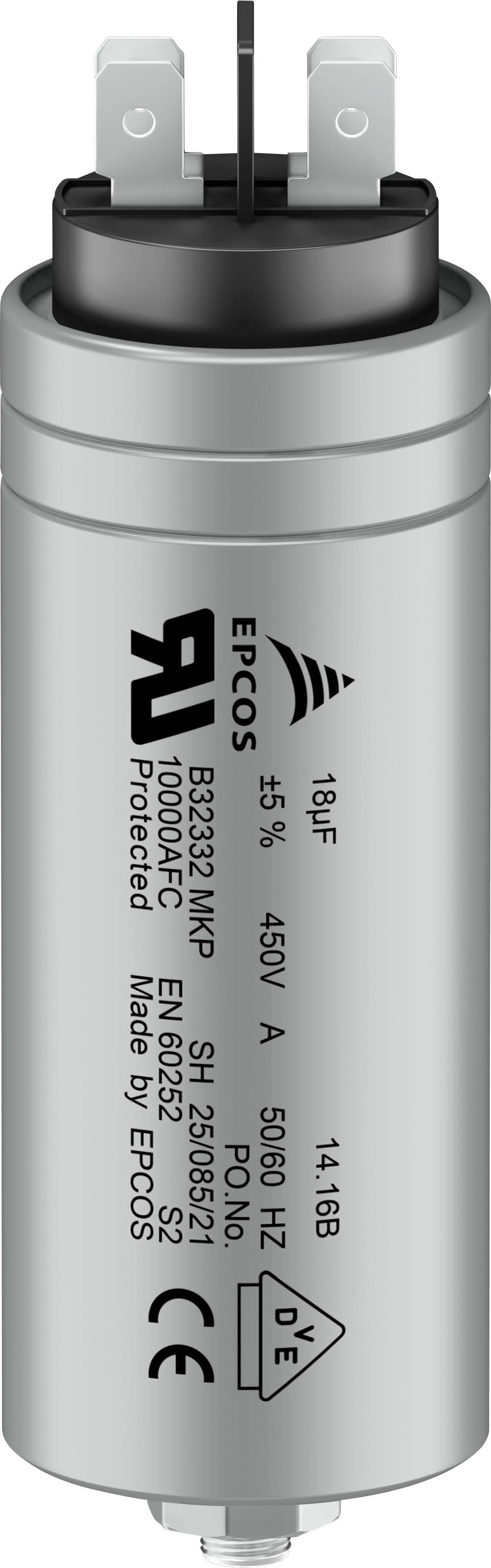 Condensatore cilindrico con iscrizione: 'EPCOS 18µF ±5% 450V AC, 50/60 Hz'. Adatto per applicazioni elettroniche.