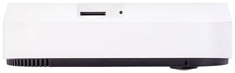 Un dispositivo bianco rettangolare con uno slot in alto e dettagli neri nella parte inferiore, probabilmente un dispositivo tecnico come un proiettore.