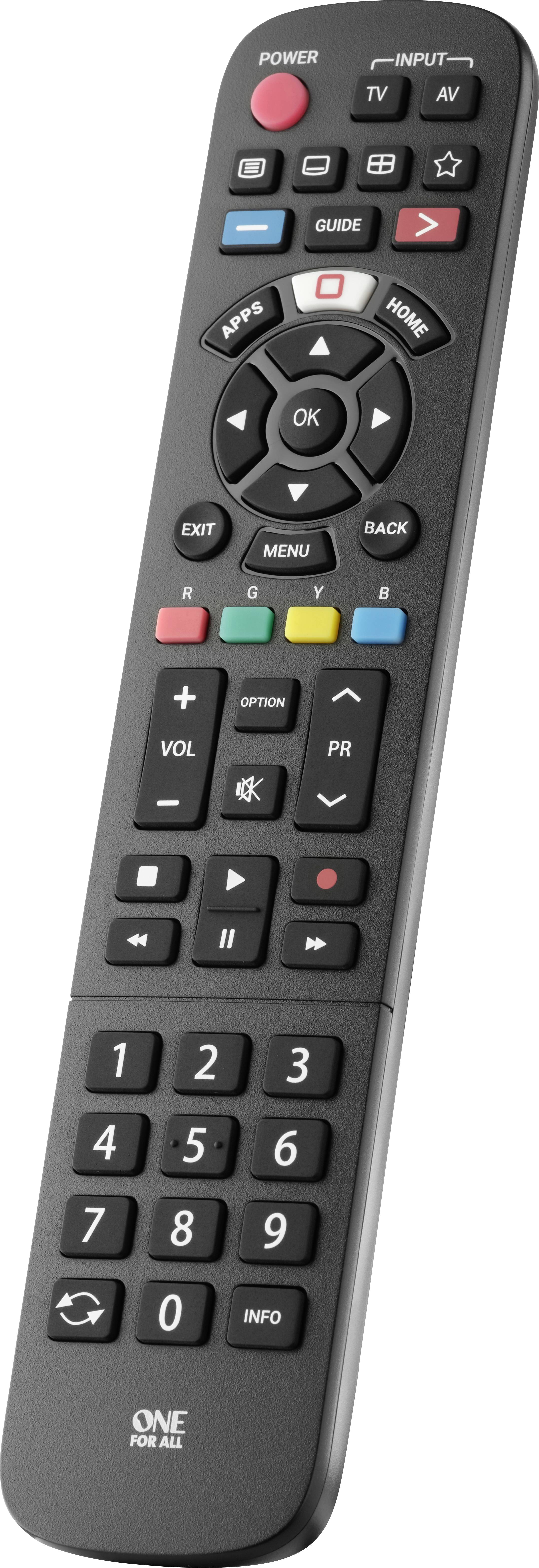 Telecomando universale con tasti per controllare dispositivi TV e altri apparecchi elettronici. I tasti sono codificati a colori ed etichettati.