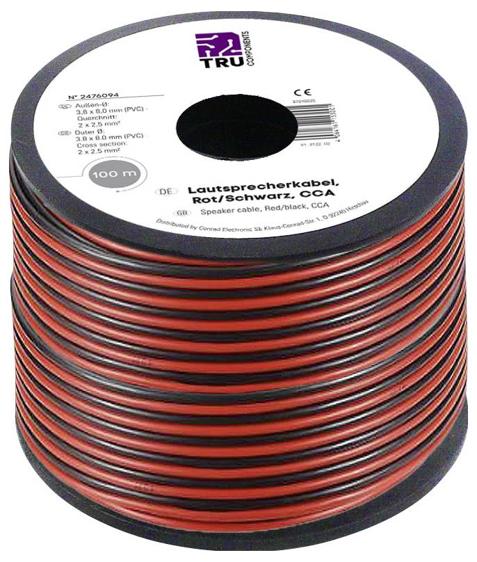 Rotolo di cavo per altoparlanti, 100m, rosso/nero, 2 x 1,5mm², in CCA.