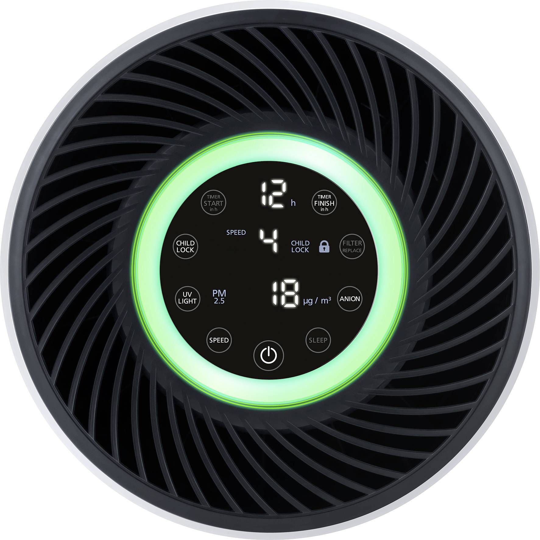 Display di un purificatore d'aria con numeri e simboli per la velocità, il timer, lo stato del filtro e la luce UV; un anello verde indica la qualità dell'aria.