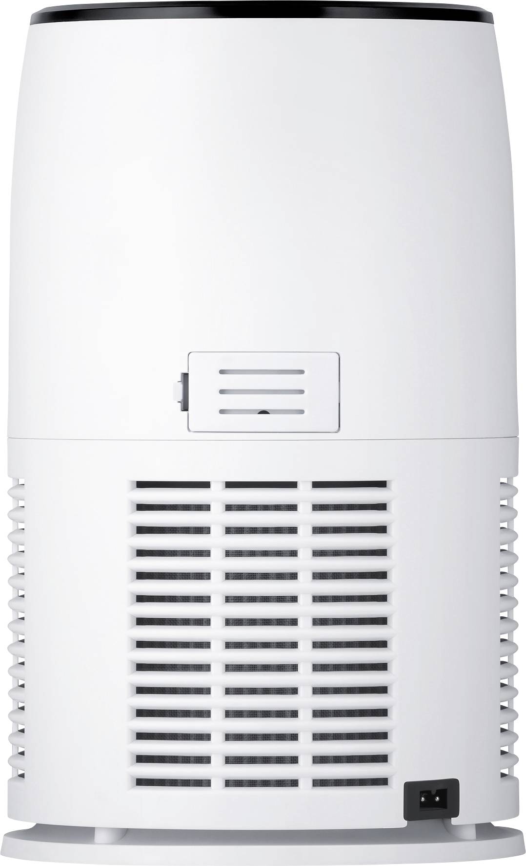 Un purificatore d'aria bianco, cilindrico, con griglie di ventilazione in basso e un piccolo pannello di controllo al centro.